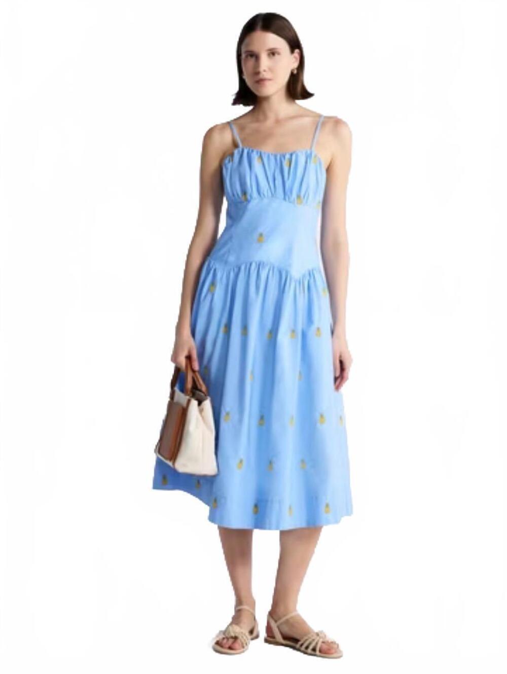 Free Assembly Tie Back Midi Dress Large Blue 12/14 NWT Pineapple Embroidered